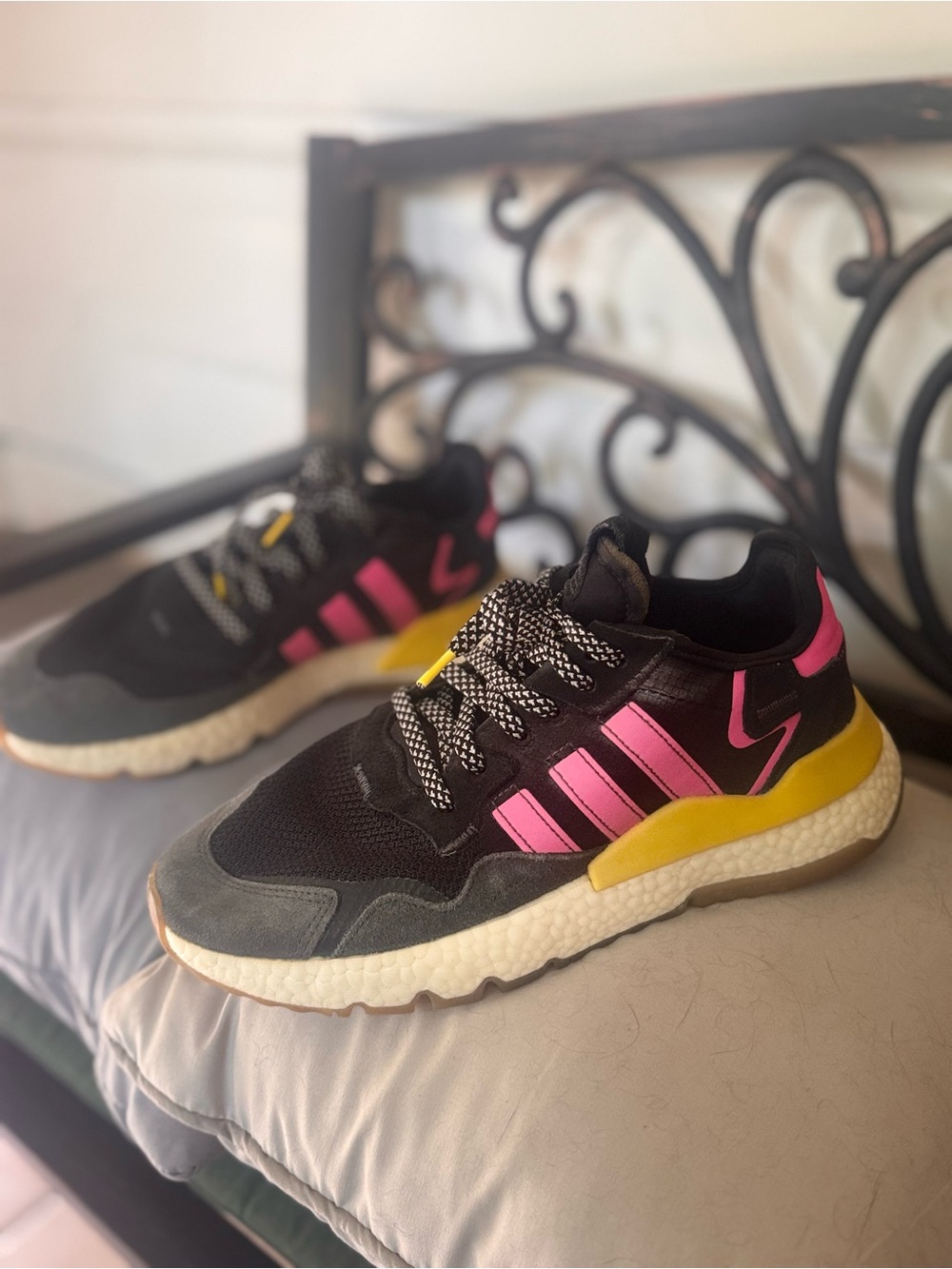 adidas Black Sneakers with Pink Stripes and Yellow Accents